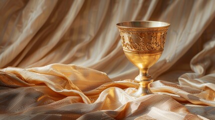 Elegant golden goblet on a background of silk fabric