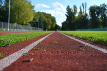 An empty outdoor running track with white lane markings, bordered by green grass and trees, with a blurred background under a clear blue sky.