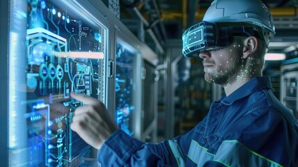 engineer using augmented reality (AR) glasses to inspect and manage optical network components, with digital overlays showing status information