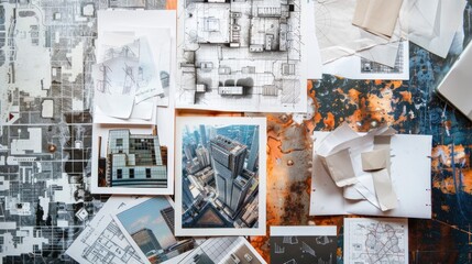 A collage of drawings and photos of buildings and cityscapes
