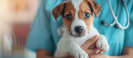 Vet holding puppy for examination