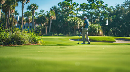 Obraz premium The vibrant green of a well-kept putting green, a golfer intently lining up their putt, with the flag gently fluttering in the breeze.