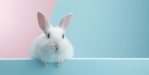 White rabbit sitting next to blue and pink wall