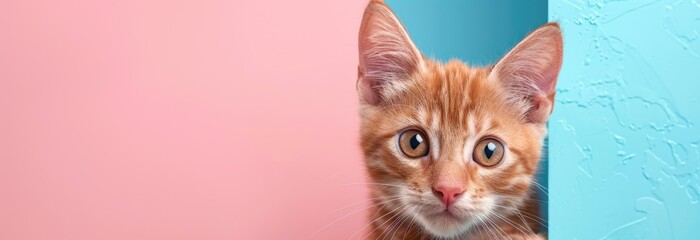 Cat peeking behind blue wall