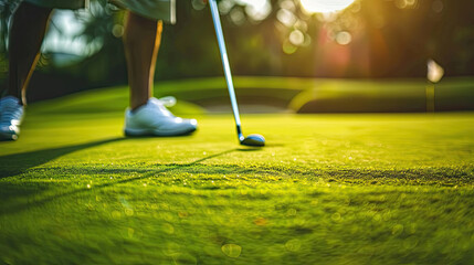 The vibrant green of a well-kept putting green, a golfer intently lining up their putt, with the flag gently fluttering in the breeze.