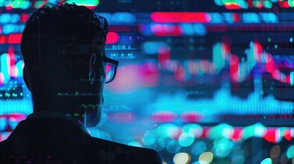 A man in a suit is looking at a computer screen with a lot of numbers and lines