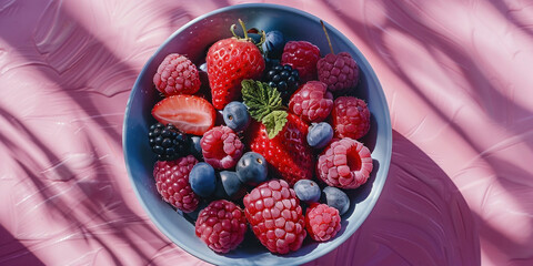 Fresh and vibrant bowl of assorted berries against a soft pink and blue background in a still life composition