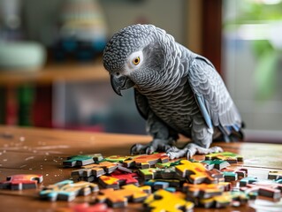 A grey parrot looking at a pile of puzzle pieces on a table.