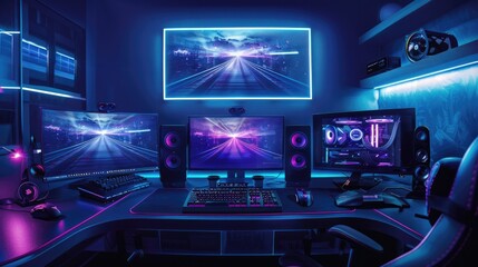 A computer gaming room with a neon blue theme