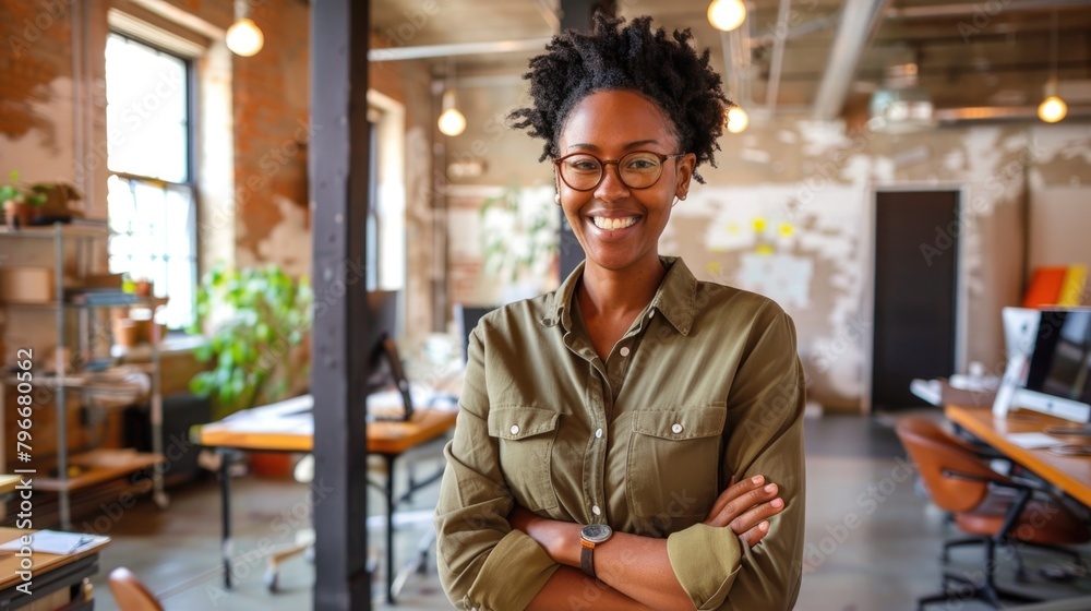 Poster a woman with a smile on her face is standing in a room with a green shirt on