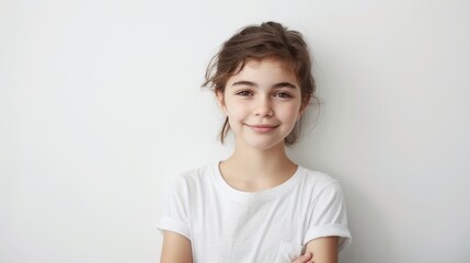 A young girl with a white shirt and brown hair is smiling at the camera