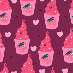 seamless pattern cartoon strawberry ice cream. cute animal wallpaper for textile, gift wrap paper