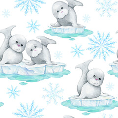 seals snowflakes watercolor seamless pattern