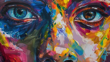 Abstract painting of a person's face with colorful eyes - obrazy, fototapety, plakaty