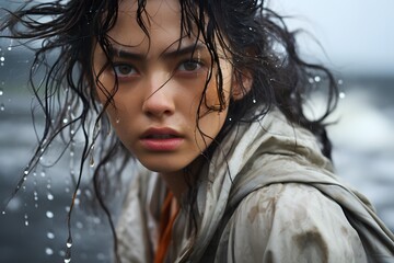 Beautiful young woman standing alone in the rain It conveys patience, independence, Peace in freedom, loneliness, individuality. It depends on your circumstances and experiences how you interpret it.