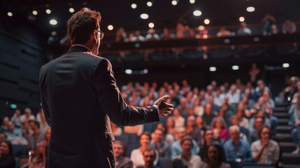 A man stands in front of a large audience, giving a speech