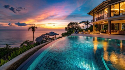 A beautiful pool with a sunset in the background