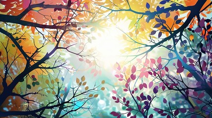 Colorful trees with leaves on the background, illustration of branches. abstract wallpaper Floral tree with colorful leaves, bright, realistic