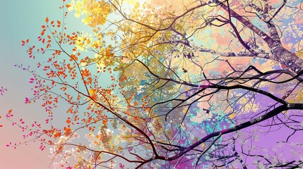 Colorful trees with leaves on the background, illustration of branches. abstract wallpaper Floral...
