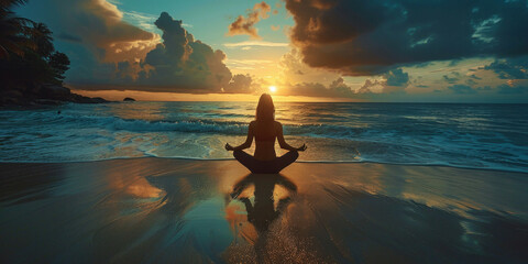 Tranquil Sunset Meditation Woman Silhouette Meditating on Beach with Ocean Background