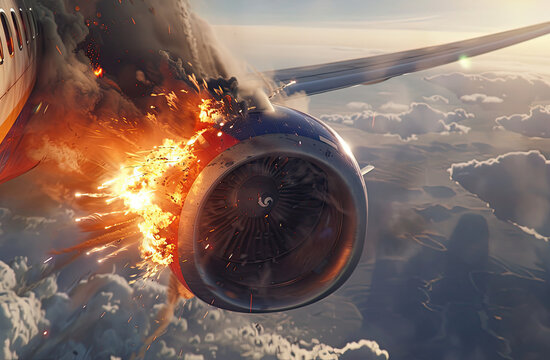 Closeup of Southwest 737800 Jet Engine Exploding at 35,000 in the cinematic , 3DCG