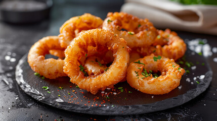 Stacked golden fried calamari rings accompanied with presented on a plate in restaurant backdrop.