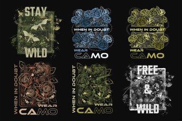 Set of camouflage labels with text, rose flowers, nature elements. T shirt graphics in grunge style. For apparel, fabric, textile, sport goods. Not AI