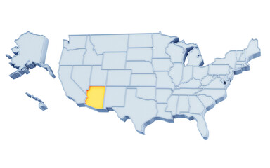 State of Arizona highlighted in golden yellow on three-dimensional map of the United States isolated on transparent background. 3D rendering