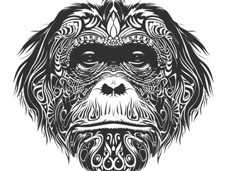 A Black and White Geometric Pattern of an Orangutan Head on a White Background