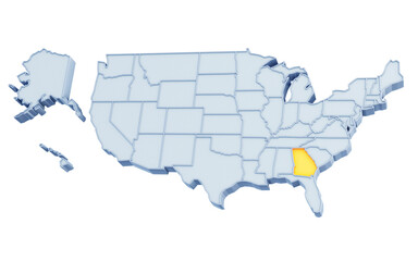 Fototapeta premium State of Georgia highlighted in golden yellow on three-dimensional map of the United States isolated on transparent background. 3D rendering