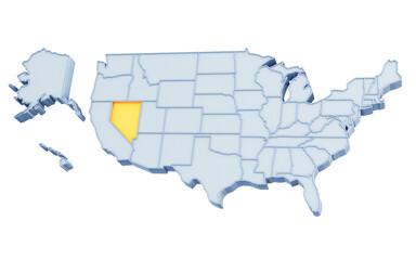 State of Nevada highlighted in golden yellow on three-dimensional map of the United States isolated on transparent background. 3D rendering