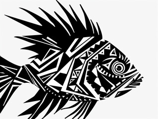 A Black and White Geometric Pattern of a Fish Head on a White Background