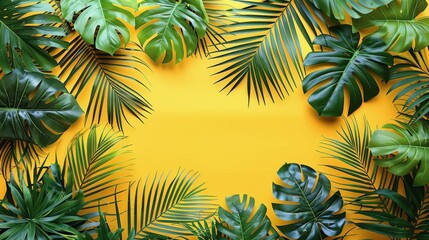 Fototapeta na wymiar Lush green tropical palm leaves form a natural frame on a bright yellow background