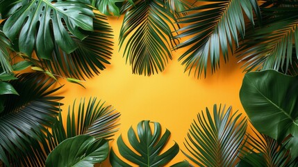 Lush green tropical palm leaves form a natural frame on a bright yellow background
