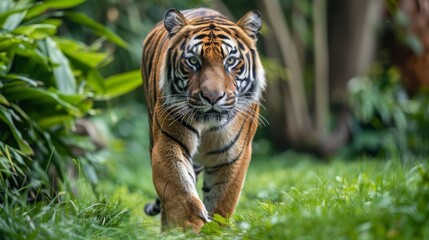 Fototapeta premium Fierce tiger stalking its prey AI generated illustration