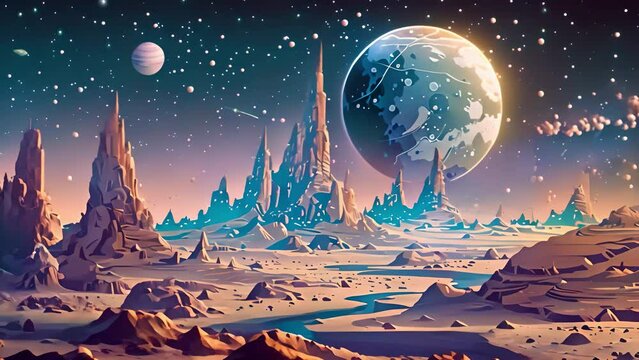 Alien landscape with towering spires and a large planet on the horizon. The concept of science fiction and space discoveries.