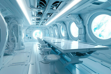 Futuristic spaceship interior with table and chairs in the middle of the room