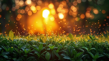 Dew-Speckled Foliage Under Glowing Sunrise. - obrazy, fototapety, plakaty