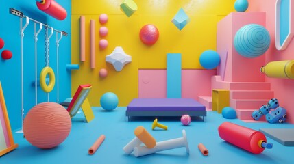 Funky abstract gym scene with floating objects  AI generated illustration