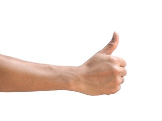 Male hand giving thumbs up isolated on white background, business concept.	