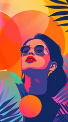 A woman with sunglasses and a colorful background