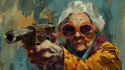 A painting of an old woman holding a gun