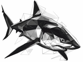 A Black and White Geometric Pattern of a Shark Head on a White Background
