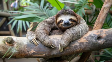 Obraz premium Furry sloth lounging in a tree AI generated illustration