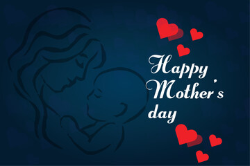happy Mother's Day blue wishes card design, happy Mother's Day white text on blue background, red hearts, abstract background, silhouette of mother and child, mother and child silhouettes, women,