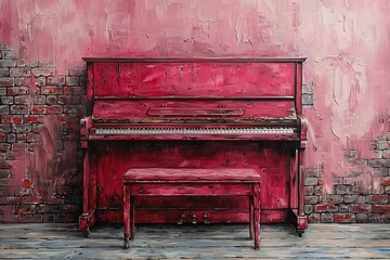 Fototapeta na wymiar Red Piano in Front of Brick Wall