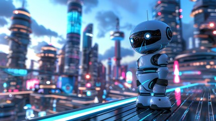 Generate a 3D render of a cute robot exploring a futuristic city  AI generated illustration