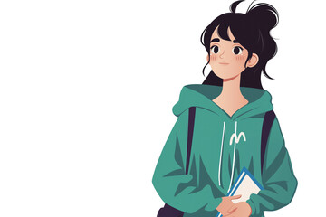 Teen girl ready for school in green hoodie with backpack holding books