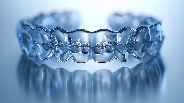 close up of transparent oral relaxation plate on metal-blue background, isolated, bruxism solution