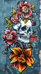 A painting of a skull and flowers on a wall